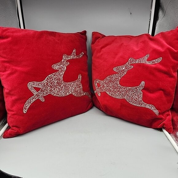 Set 2 Pier 1 One Red Velvet Holiday Christmas Reindeer Throw Pillow 16” Square - Picture 1 of 6